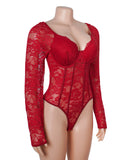 Sexy Lace Deep V Neck Long Sleeves Open Crotch Bodysuit