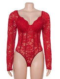 Sexy Lace Deep V Neck Long Sleeves Open Crotch Bodysuit