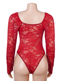 Sexy Lace Deep V Neck Long Sleeves Open Crotch Bodysuit