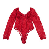 Sexy Lace Deep V Neck Long Sleeves Open Crotch Bodysuit