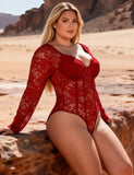 Sexy Lace Deep V Neck Long Sleeves Open Crotch Bodysuit