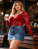 Sexy Lace Deep V Neck Long Sleeves Open Crotch Bodysuit