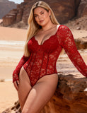 Sexy Lace Deep V Neck Long Sleeves Open Crotch Bodysuit