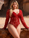 Sexy Lace Deep V Neck Long Sleeves Open Crotch Bodysuit