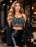 Black Sexy Slim Fit Rhinestone Seamless Backless Short Camisole
