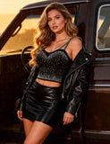 Black Sexy Rhinestone Double Straps Short Camisole