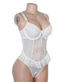 Red Lace Mesh Halter Neck U Shape Backless Ruffled Crotchless Bodysuit