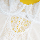 Red Lace Mesh Halter Neck U Shape Backless Ruffled Crotchless Bodysuit