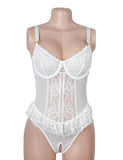 Red Lace Mesh Halter Neck U Shape Backless Ruffled Crotchless Bodysuit