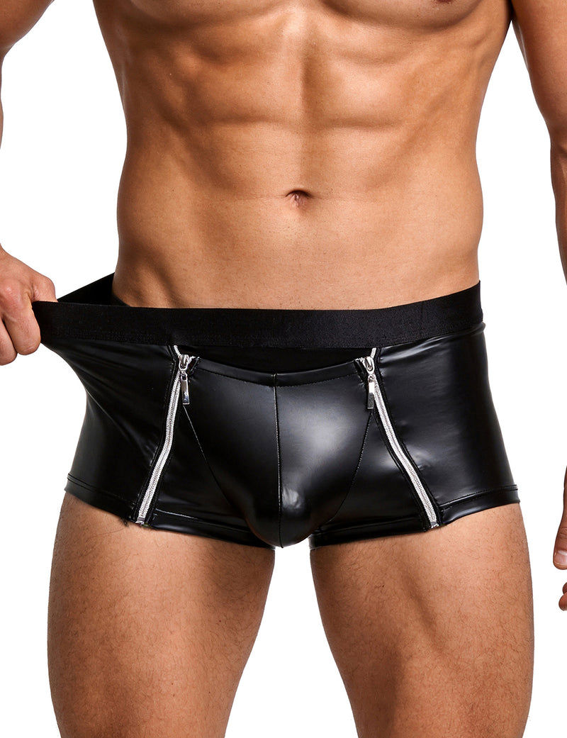 Black Sexy Men Zipper PU Leather Boxer