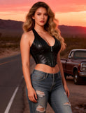 8 Pieces Boning Black Halter Neck Deep V Zippered Faux Leather Corset Egypt