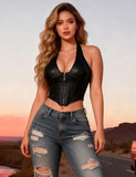 8 Pieces Boning Black Halter Neck Deep V Zippered Faux Leather Corset Egypt