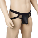Black Sexy Men PU Leather Mesh Jockstrap