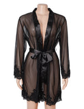 Black Sexy Long Sleeves Eyelash Lace Mesh Robe