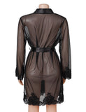 Black Sexy Long Sleeves Eyelash Lace Mesh Robe