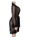 Black Sexy Long Sleeves Eyelash Lace Mesh Robe
