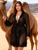 Black Sexy Long Sleeves Eyelash Lace Mesh Robe