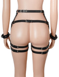 Black Faux Leather Rivets Punk Waist And Legs Harness Bondage With Handcuffs