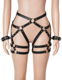 Black Faux Leather Rivets Punk Waist And Legs Harness Bondage With Handcuffs