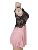 V Neck Pink Lace Stitching Strap with Flower Babydoll