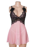 V Neck Pink Lace Stitching Strap with Flower Babydoll