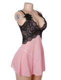 V Neck Pink Lace Stitching Strap with Flower Babydoll