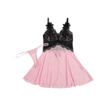 V Neck Pink Lace Stitching Strap with Flower Babydoll