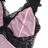 V Neck Pink Lace Stitching Strap with Flower Babydoll