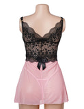 V Neck Pink Lace Stitching Strap with Flower Babydoll