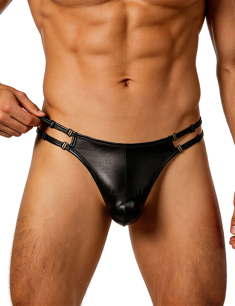 Faux Leather Men Sexy Thong With Double Adjustable Straps