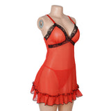 Sexy Red V-Neck Lace Mesh Women Lingerie Nightdress