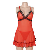 Sexy Red V-Neck Lace Mesh Women Lingerie Nightdress
