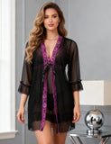 Women Sexy Short Robe and Lingerie Slip Dress Two Pieces Set