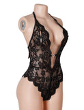 Sexy Lace Mesh Halter Neck Deep V Crotchless Bodysuit