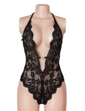 Sexy Lace Mesh Halter Neck Deep V Crotchless Bodysuit
