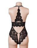 Sexy Lace Mesh Halter Neck Deep V Crotchless Bodysuit