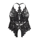 Sexy Lace Mesh Halter Neck Deep V Crotchless Bodysuit