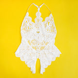 Sexy Lace Mesh Halter Neck Deep V Crotchless Bodysuit