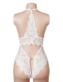 Sexy Lace Mesh Halter Neck Deep V Crotchless Bodysuit