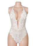 Sexy Lace Mesh Halter Neck Deep V Crotchless Bodysuit