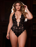 Sexy Lace Mesh Halter Neck Deep V Crotchless Bodysuit