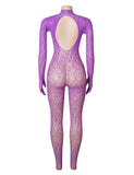 Sexy Patterned Backless Long Sleeves Bodystocking with Integrated Gloves