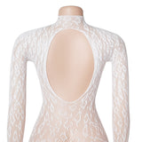 Sexy Patterned Backless Long Sleeves Bodystocking with Integrated Gloves