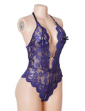 Sexy Lace Mesh Halter Neck Deep V Crotchless Bodysuit