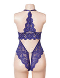 Sexy Lace Mesh Halter Neck Deep V Crotchless Bodysuit