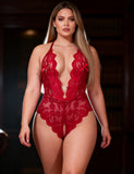 Sexy Lace Mesh Halter Neck Deep V Crotchless Bodysuit
