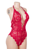 Sexy Lace Mesh Halter Neck Deep V Crotchless Bodysuit