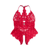 Sexy Lace Mesh Halter Neck Deep V Crotchless Bodysuit