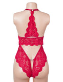 Sexy Lace Mesh Halter Neck Deep V Crotchless Bodysuit