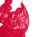 Sexy Lace Mesh Halter Neck Deep V Crotchless Bodysuit